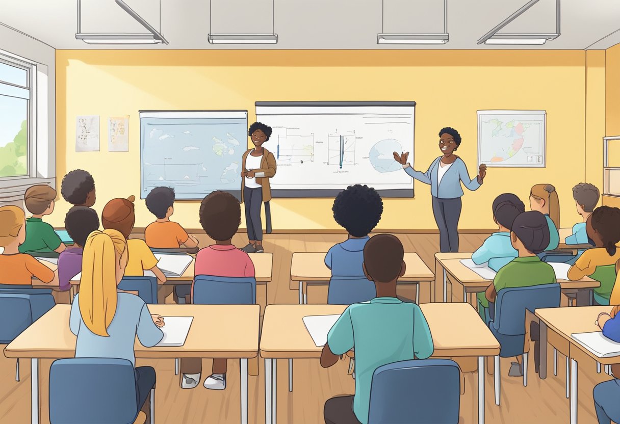 An animated character in a classroom setting, using visual aids to teach a group of diverse students about the power of educational animation in Sweden