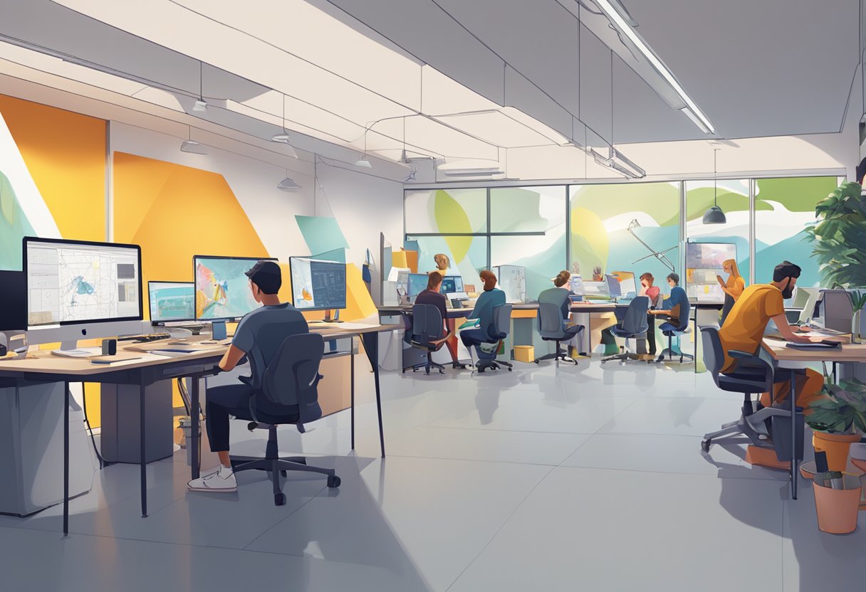 A bustling animation studio in Germany, with artists collaborating on educational content while surrounded by cutting-edge technology and vibrant artwork