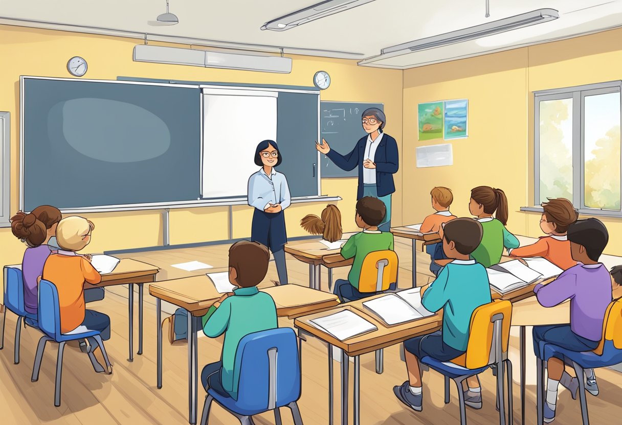 An animated classroom in Germany with a teacher and students engaged in a discussion about frequently asked questions
