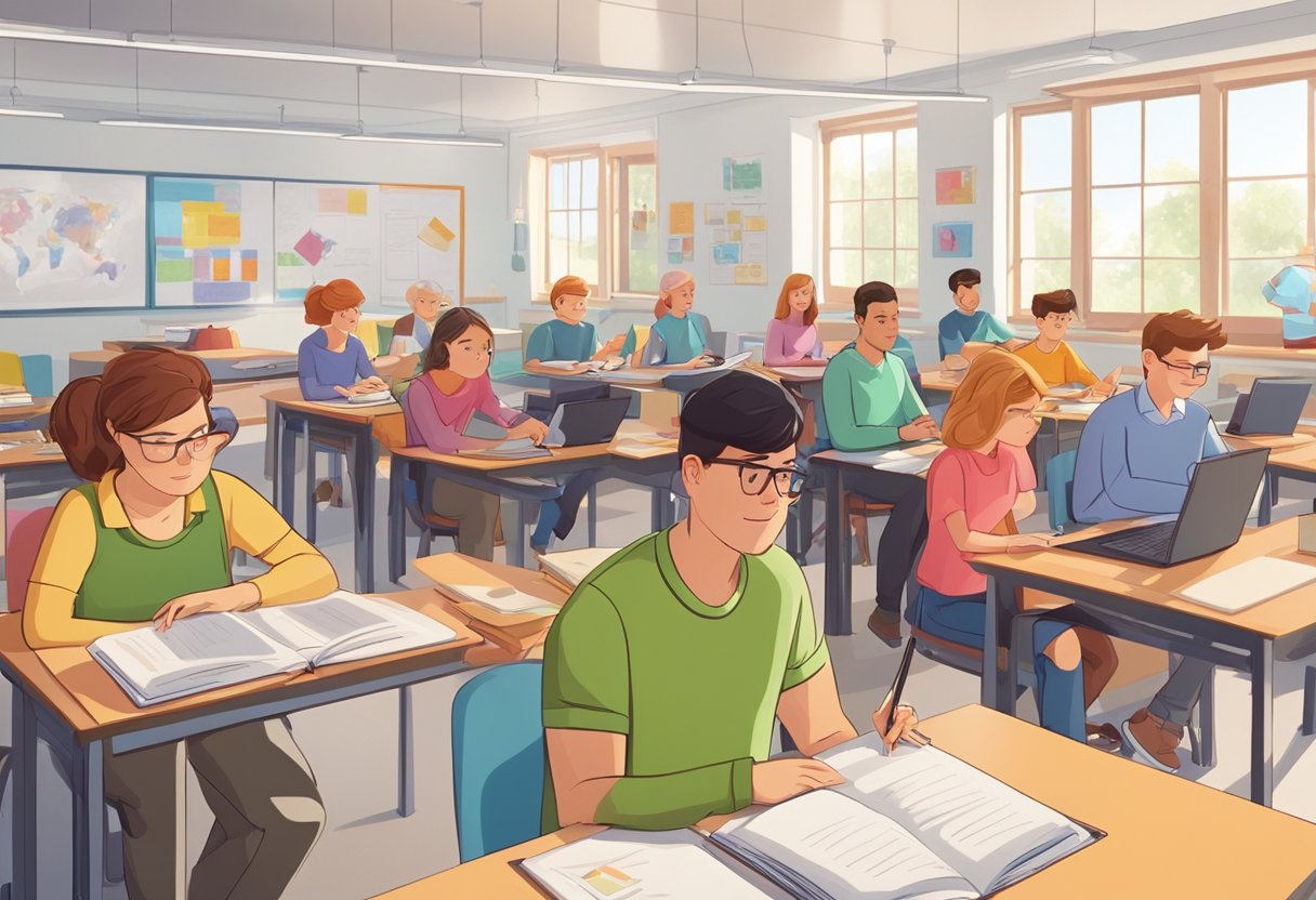 A group of animated characters studying in a modern classroom in Sweden. The room is filled with colorful educational materials and technology