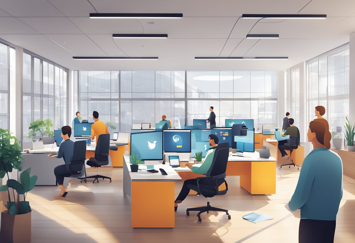 A modern office space in Copenhagen with a sleek design, large windows, and people working at their desks, with social media icons floating around the room
