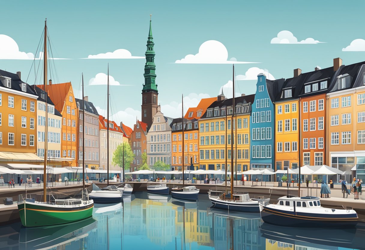 A modern cityscape with iconic buildings and landmarks of Copenhagen, set against a backdrop of the harbor and vibrant urban life