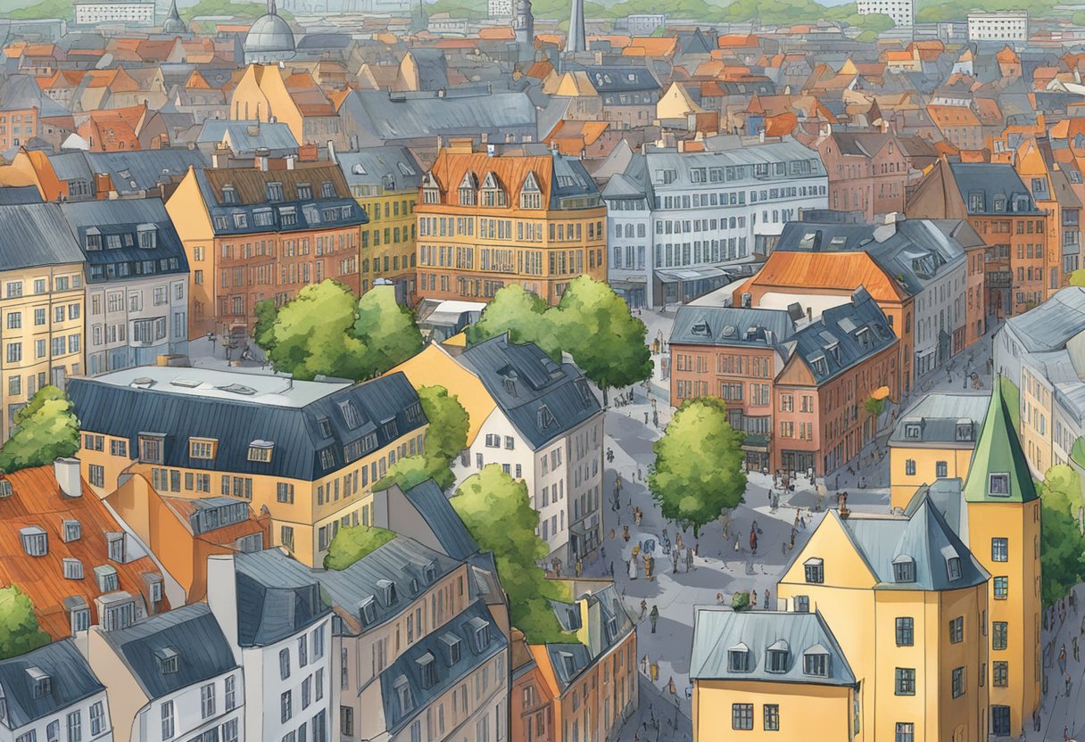 A bustling cityscape with modern buildings and bustling streets, showcasing the vibrant energy of Copenhagen