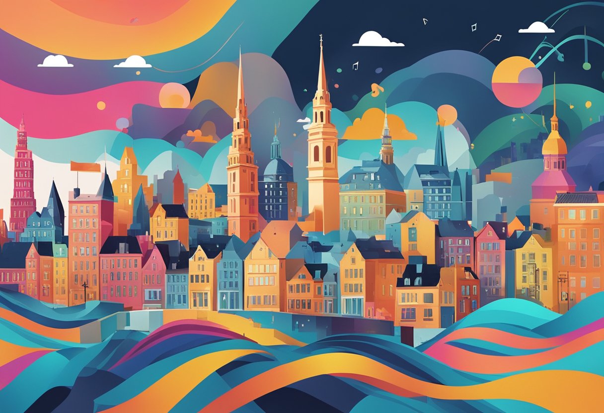A bustling cityscape with iconic landmarks set against a backdrop of colorful sound waves and musical notes, symbolizing the integration of music and sound for a corporate video animation in Copenhagen