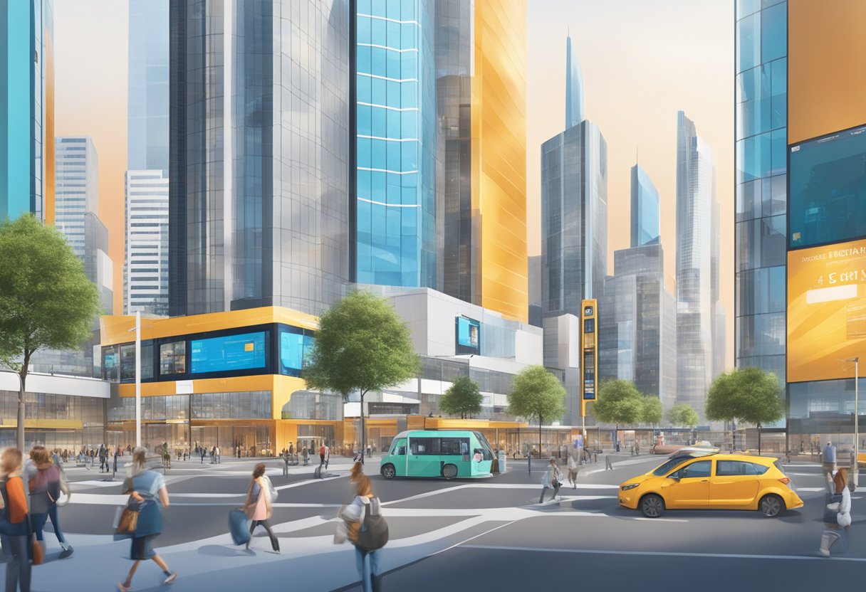 A bustling cityscape with modern buildings and digital screens displaying educational content in Frankfurt