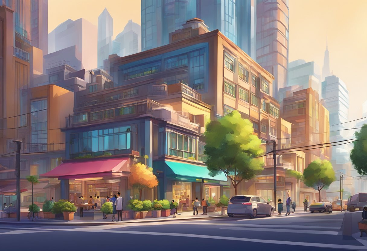 An animated studio in Shanghai with vibrant colors, modern architecture, and a bustling atmosphere