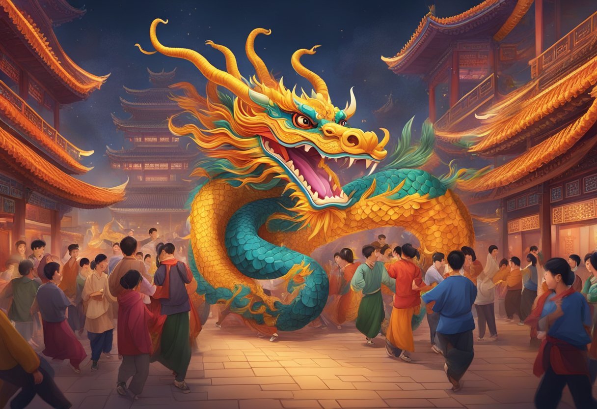 A traditional Chinese dragon dances through a bustling animation studio in Shanghai, surrounded by vibrant colors and intricate designs