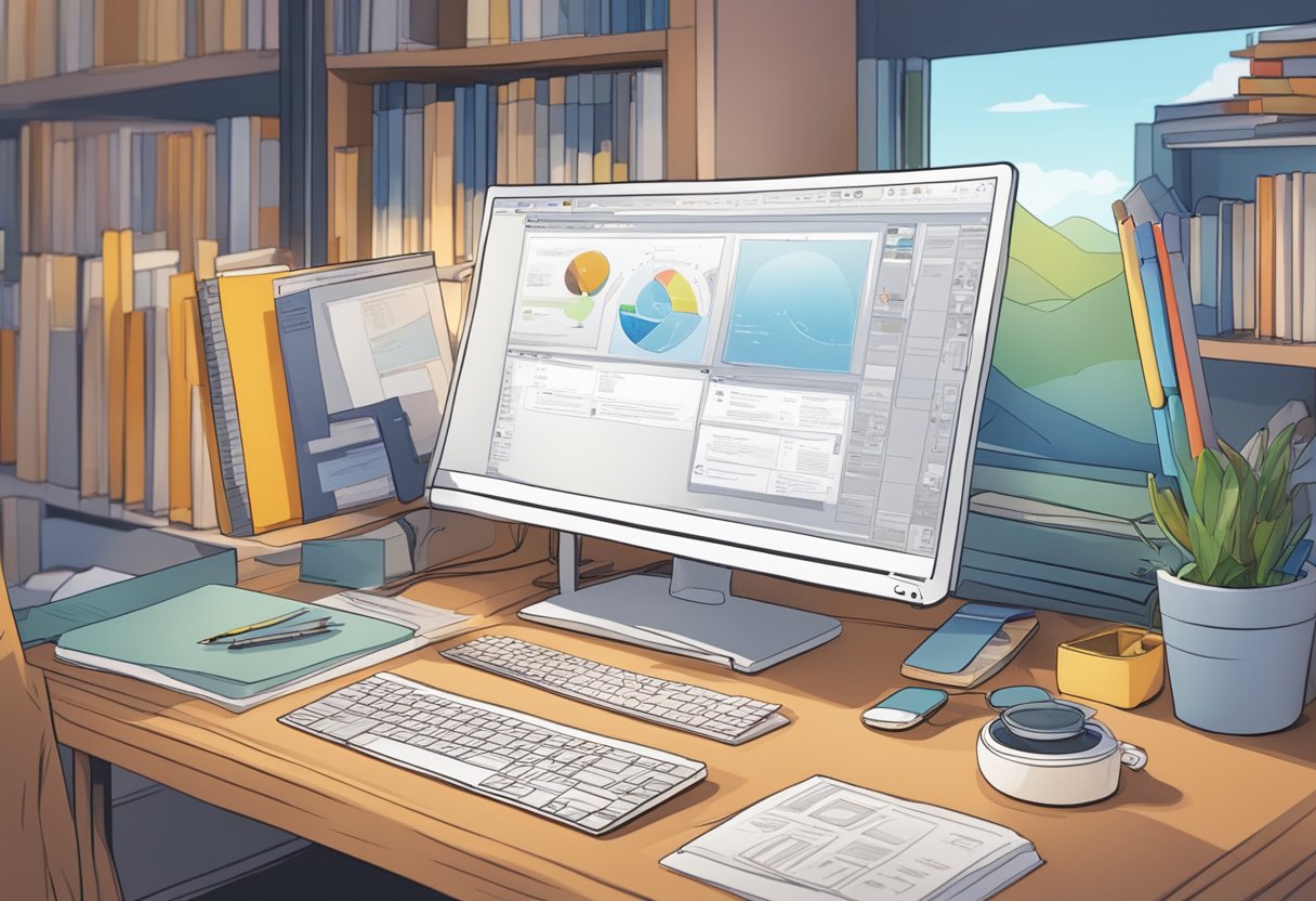 A computer with interactive animation software surrounded by educational materials in a Norwegian setting