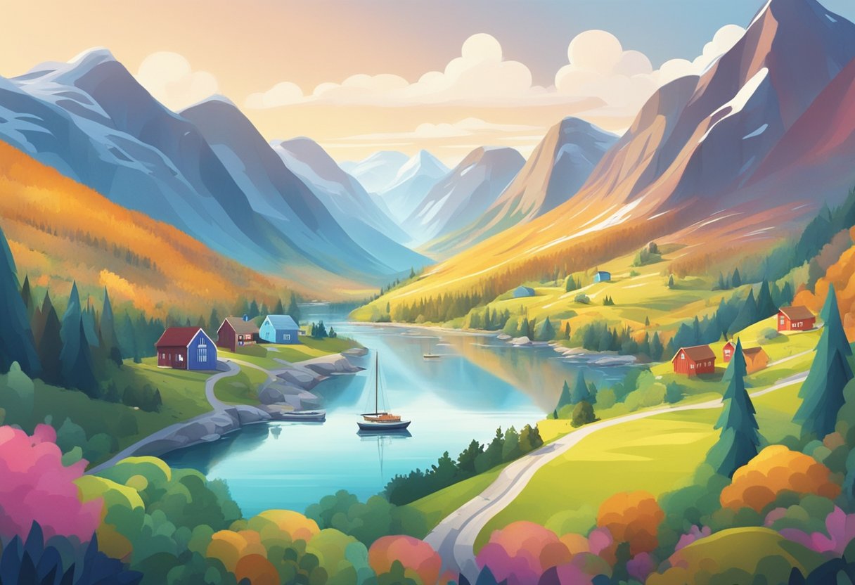 A colorful animated scene of Norway's landscapes with interactive elements showcasing career prospects in animation and interactive media