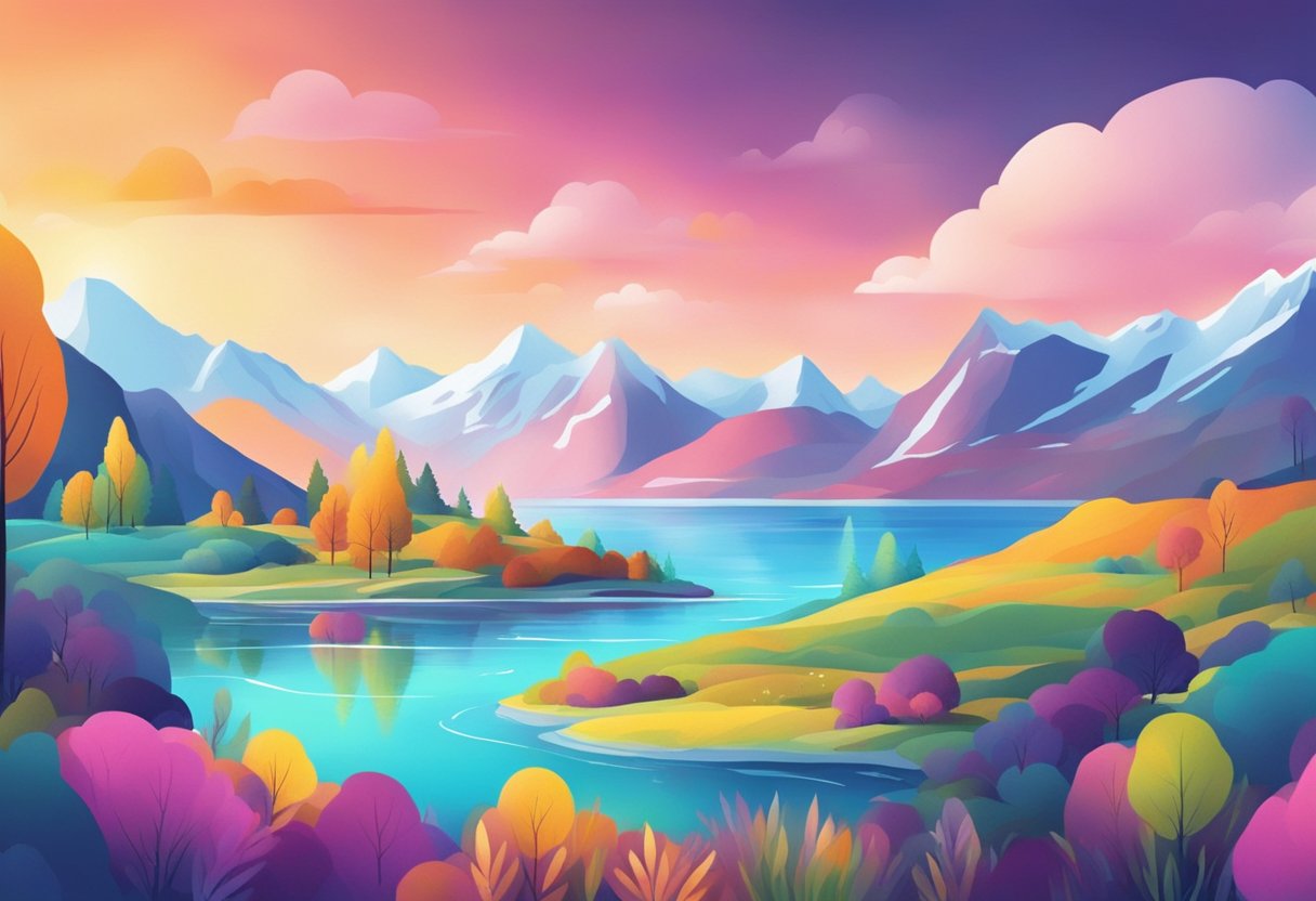 A colorful, abstract landscape of Norway with interactive elements and animated design features