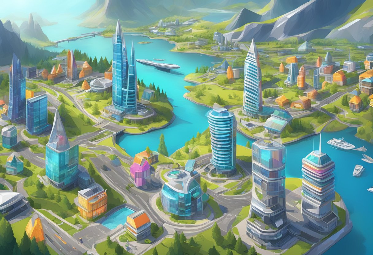 A colorful, futuristic cityscape in Norway with interactive gaming elements and engineering structures