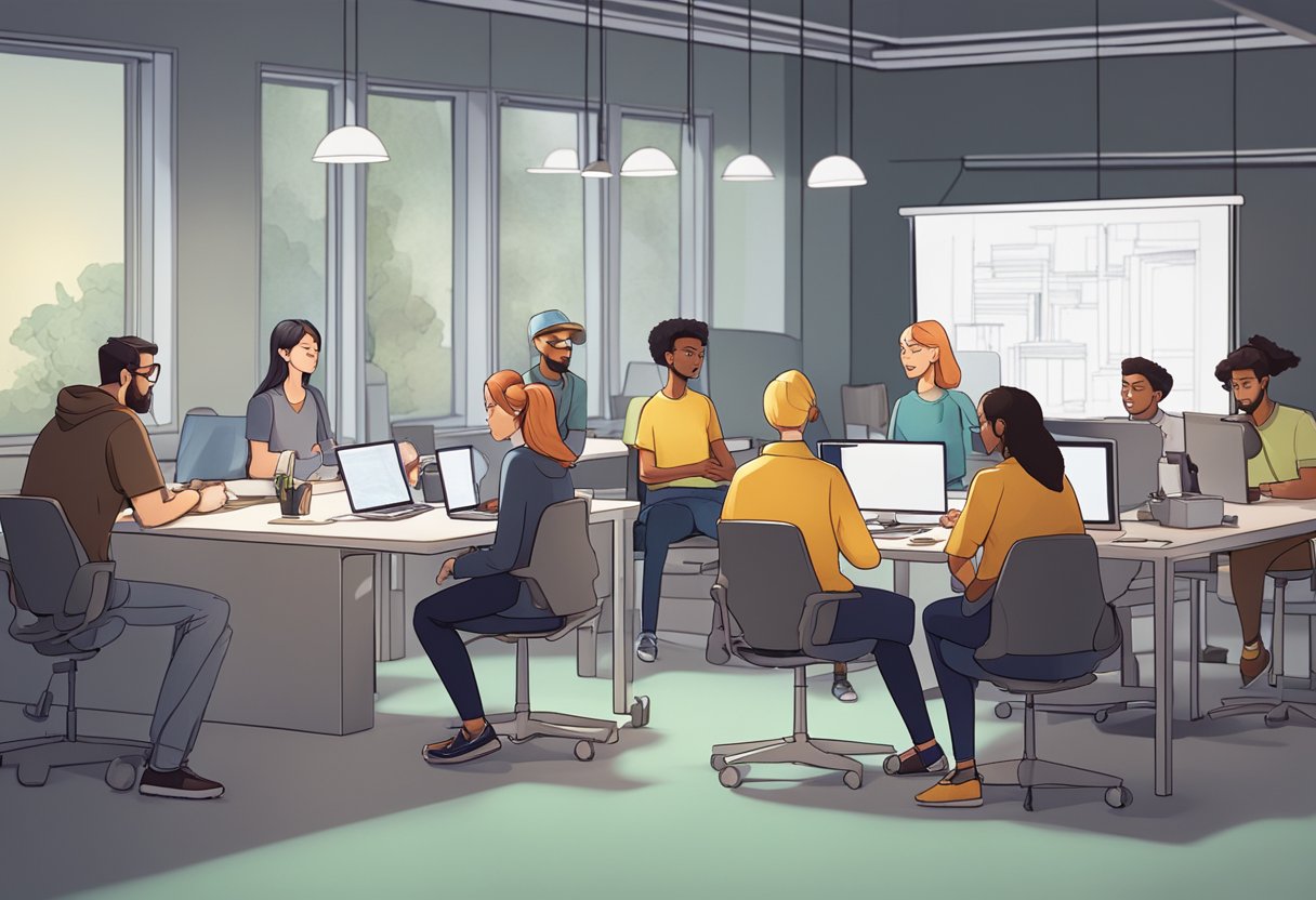 A group of animated characters collaborate on a digital project in a modern Norwegian studio