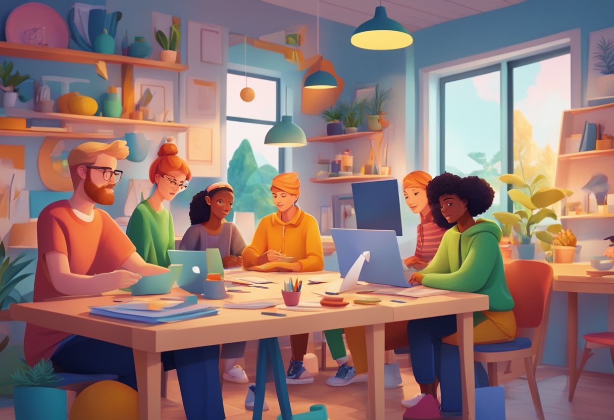 A group of animated characters from different Scandinavian countries working together on a creative project in a colorful and vibrant studio setting