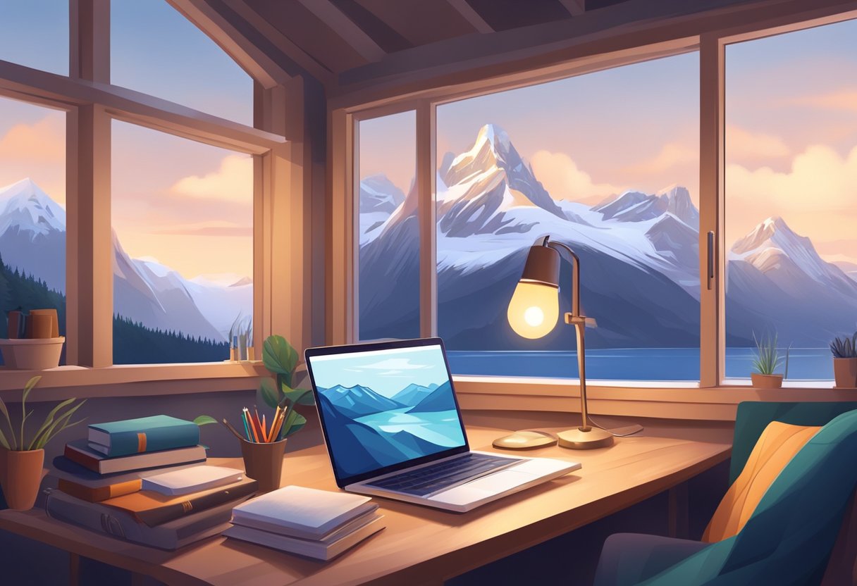 A cozy home study with a computer, books, and a desk lamp. A laptop is open with an online learning platform. Outside, snowy mountains and a fjord