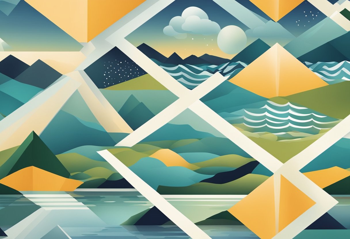 A geometric pattern of interconnected shapes and symbols, set against a backdrop of a serene Norwegian landscape