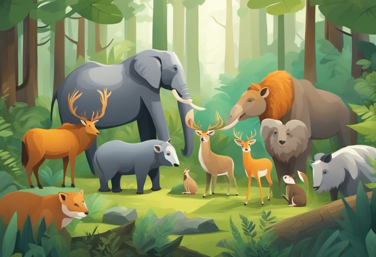 A group of animals gather in a lush Scandinavian forest, engaging in educational activities and learning from a wise old mentor
