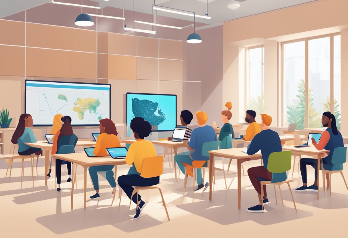A group of diverse Scandinavian students engage with interactive educational animations on digital devices in a modern classroom setting