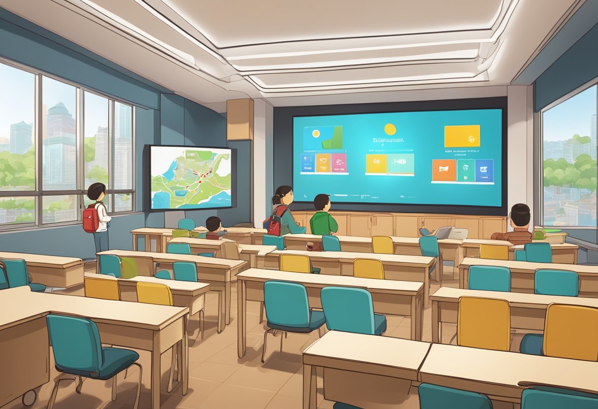 An animated classroom setting with a large screen displaying interactive educational videos, set in the bustling city of Beijing
