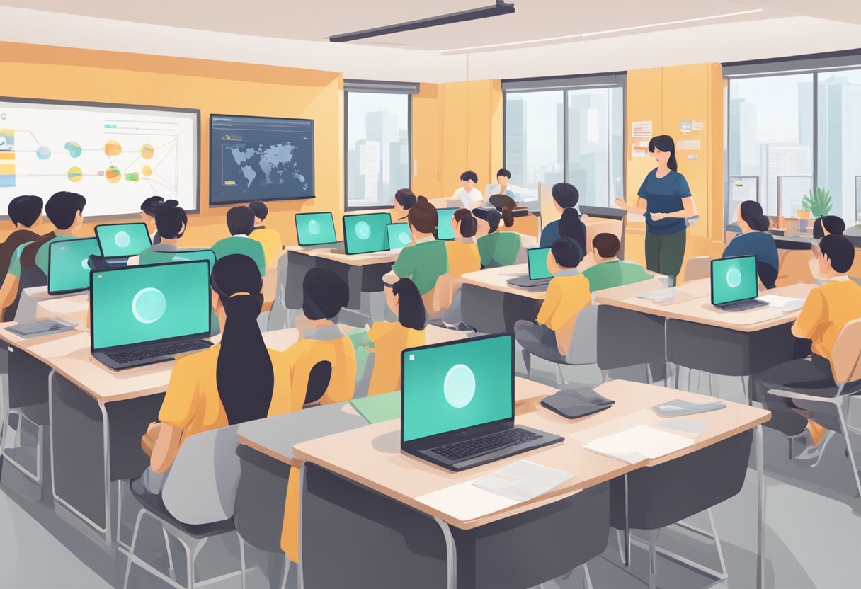 A classroom with students watching interactive educational videos on human-machine interactions in Beijing