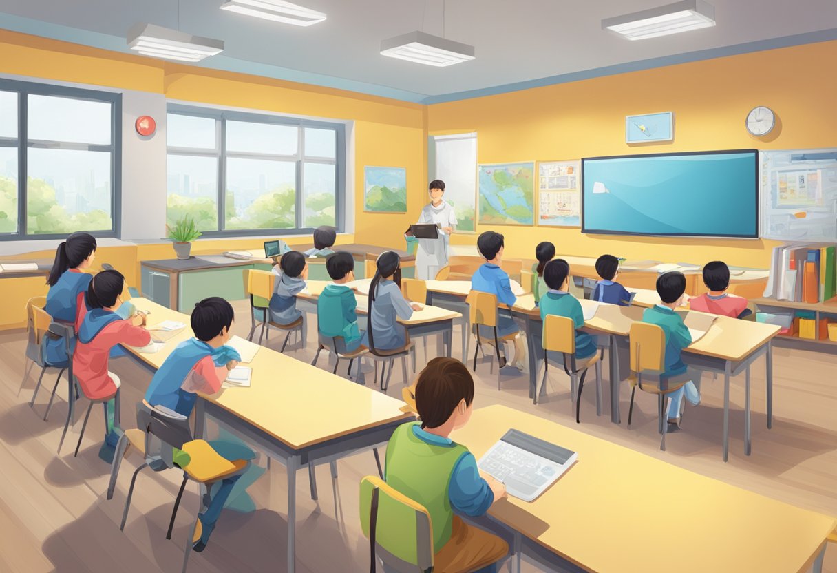 A classroom setting in Beijing with students engaged in interactive educational videos