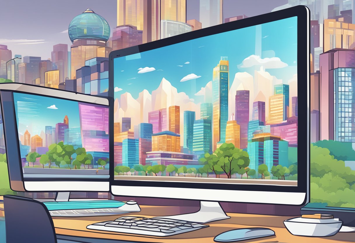 A computer screen displaying a series of interactive educational videos about frequently asked questions, set against the backdrop of the city of Beijing