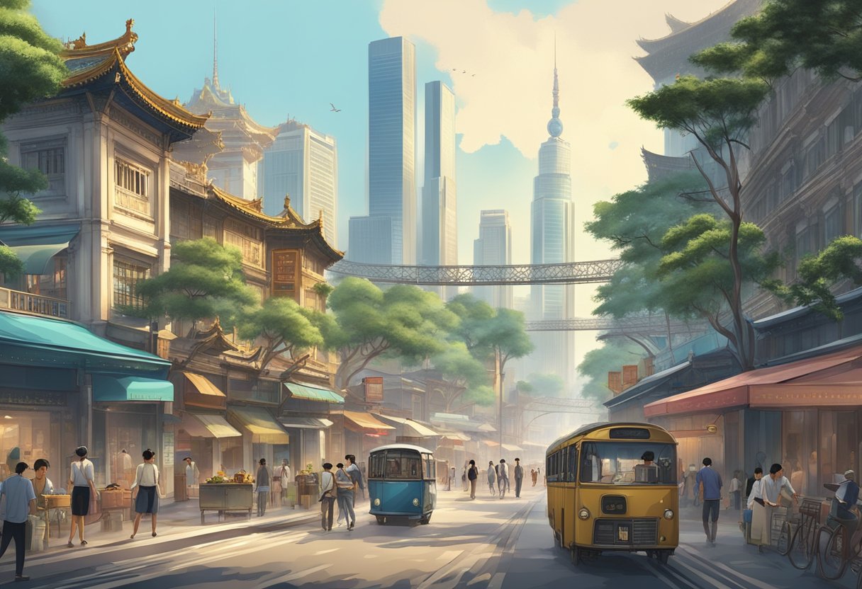A bustling cityscape in Guangzhou, with modern animation studios and historical landmarks blending together in the city's rich animation history
