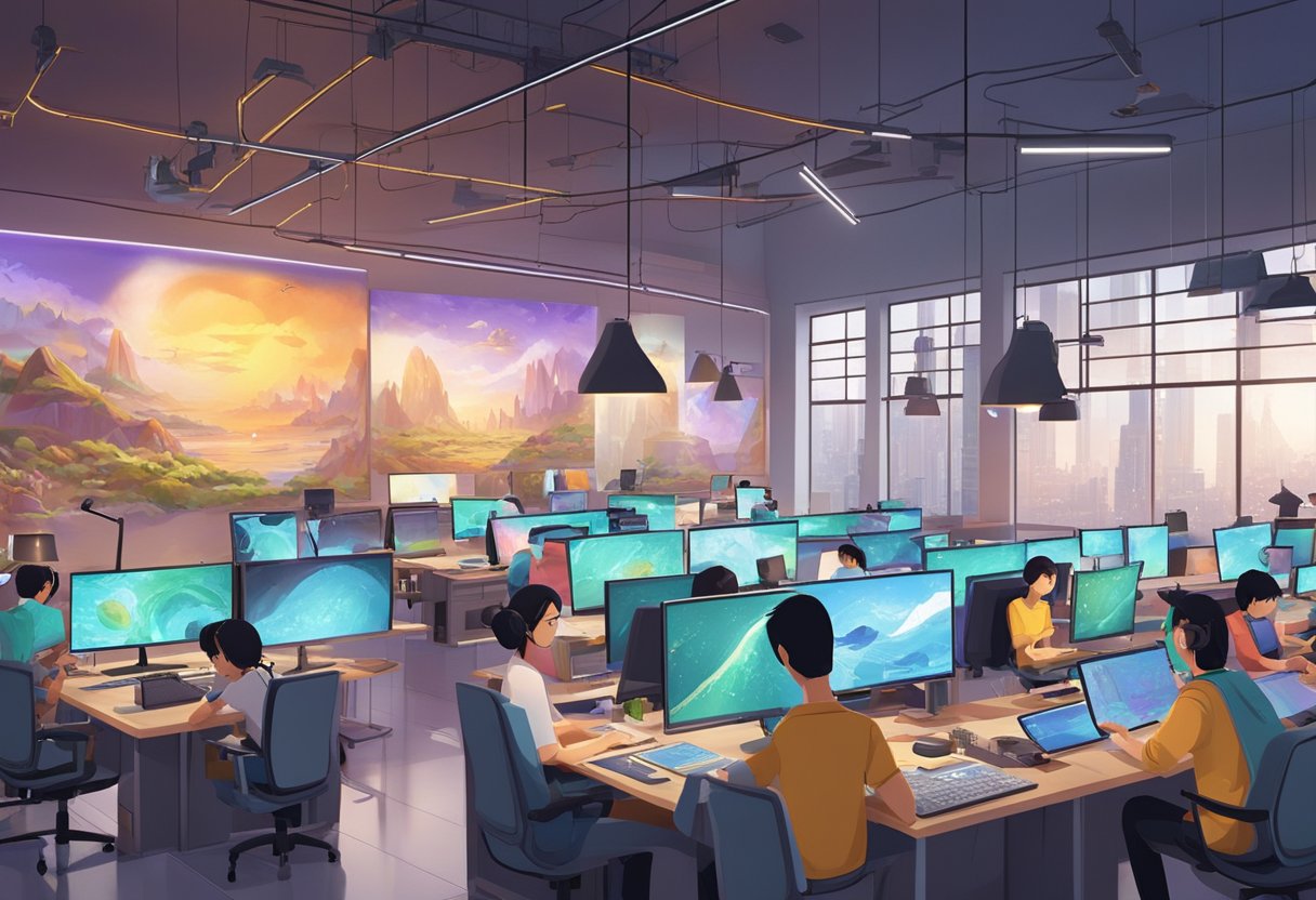 A bustling animation studio in Guangzhou, filled with state-of-the-art technology and creative energy. Computer screens glow with vibrant characters and scenes, while artists collaborate on innovative projects