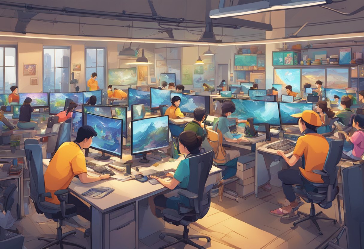 A bustling studio in Guangzhou, filled with animators and designers working on colorful and dynamic characters for gaming and entertainment projects