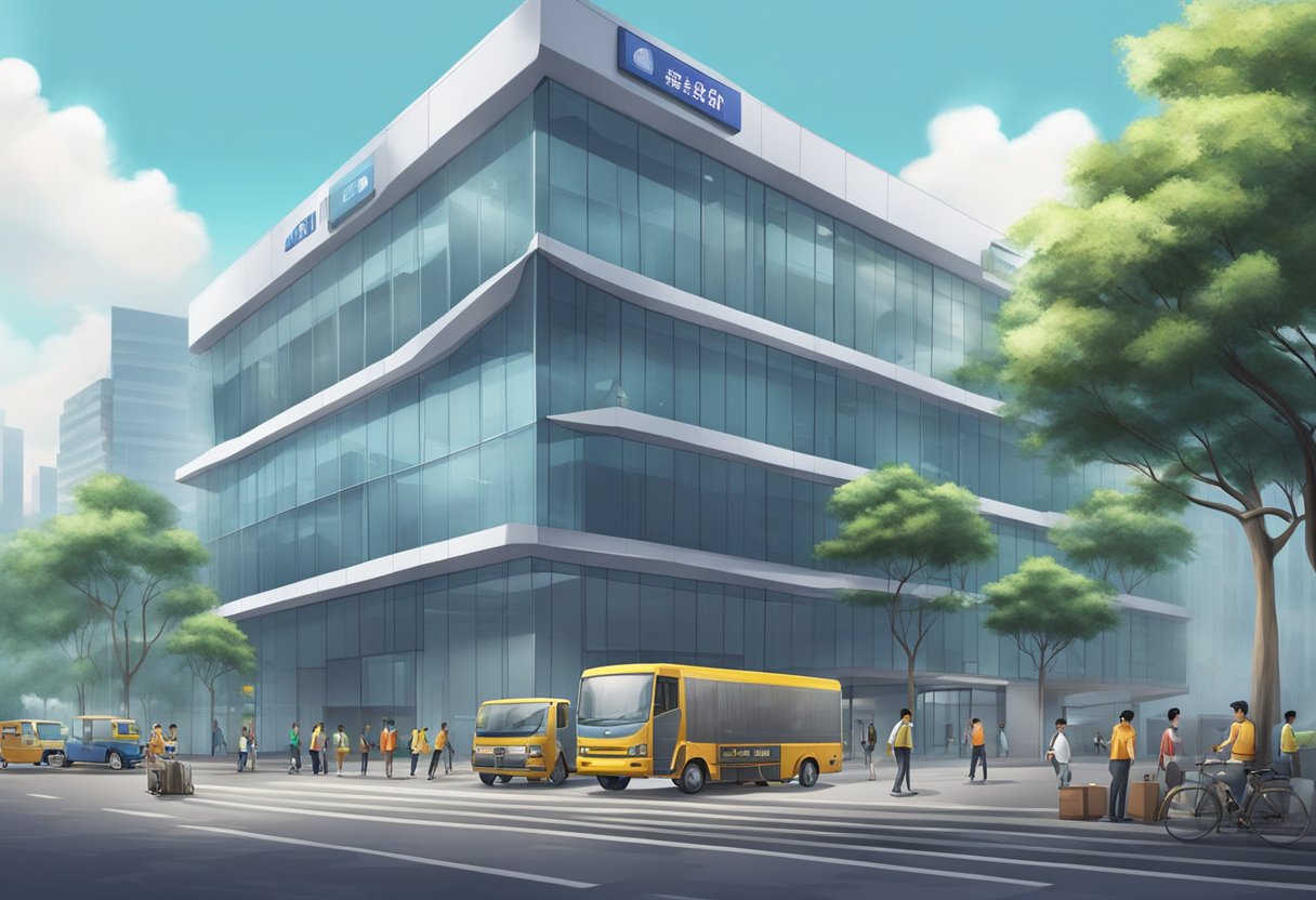 An office building in Guangzhou with a large sign for an animation company. Busy employees and delivery trucks indicate corporate use of animation