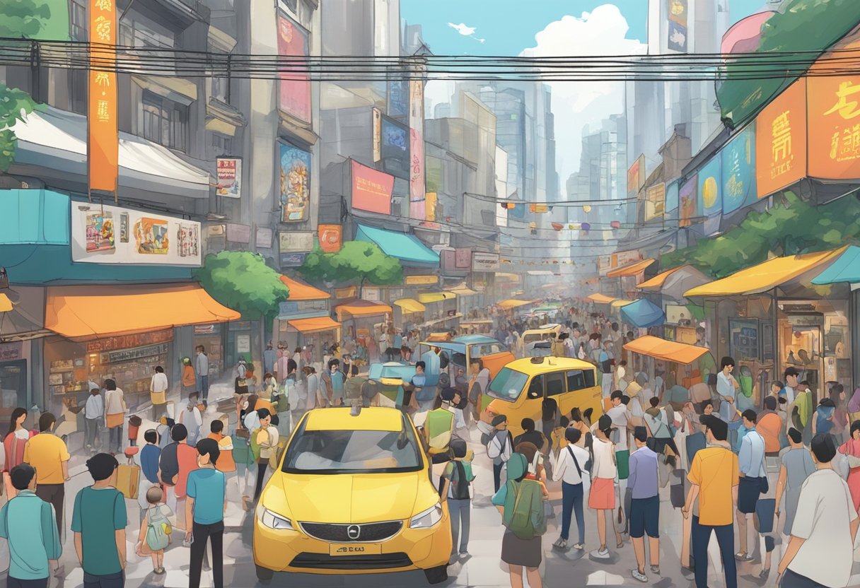 A bustling street in Guangzhou filled with colorful booths and stages, showcasing the work of various animation companies. Crowds gather to watch screenings, performances, and interactive exhibits