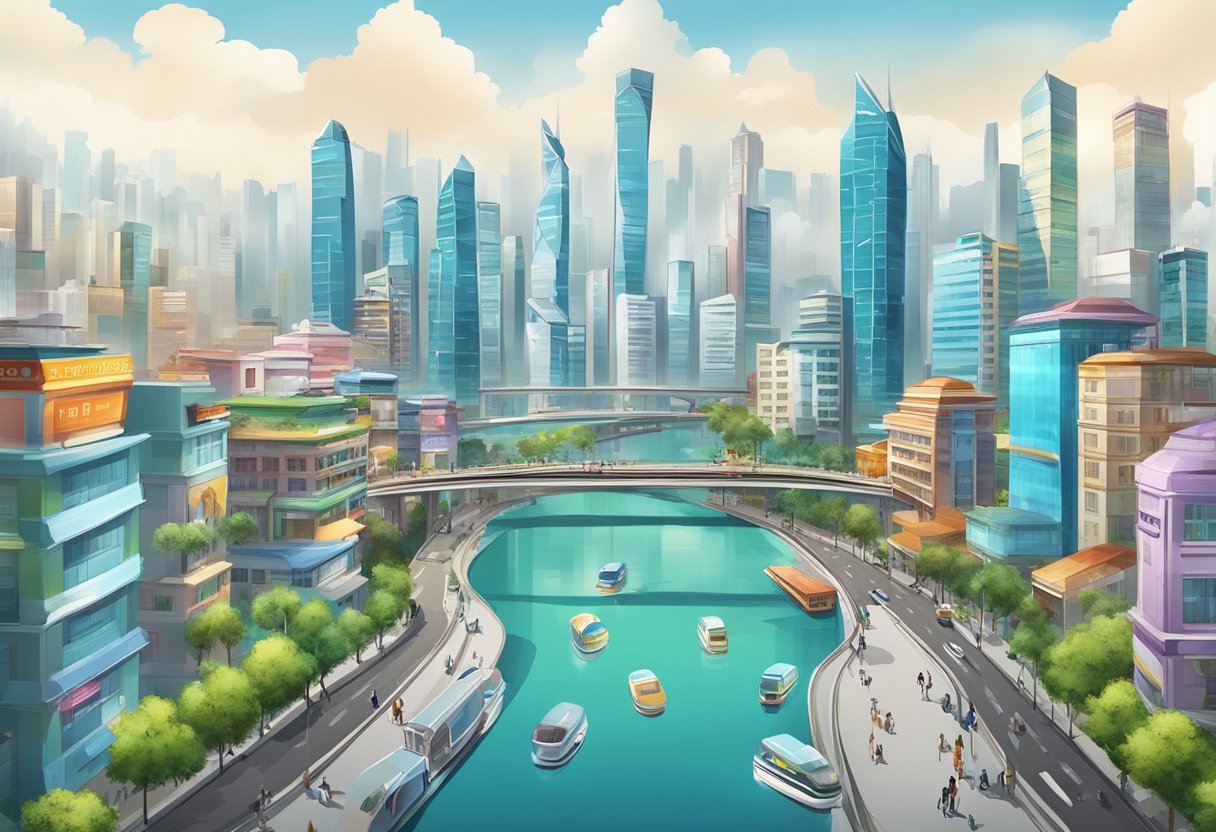 A bustling cityscape in Guangzhou, with sleek modern buildings housing animation firms. Busy streets and vibrant signs hint at the challenges and opportunities within the industry