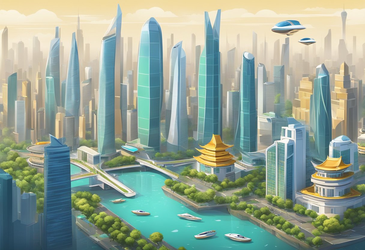 An animated cityscape of Guangzhou with futuristic buildings and flying vehicles