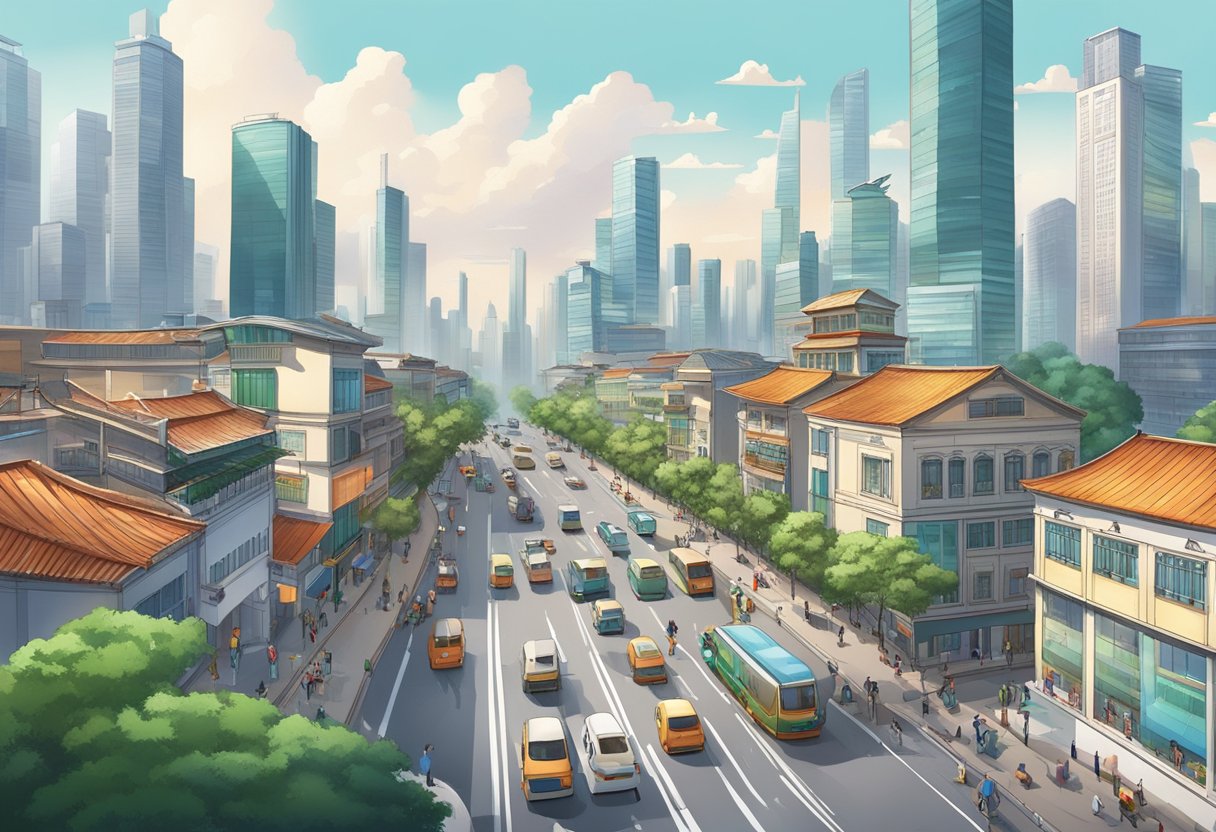 A bustling cityscape of Guangzhou with modern office buildings and a vibrant animation studio with artists working on storyboards and character designs