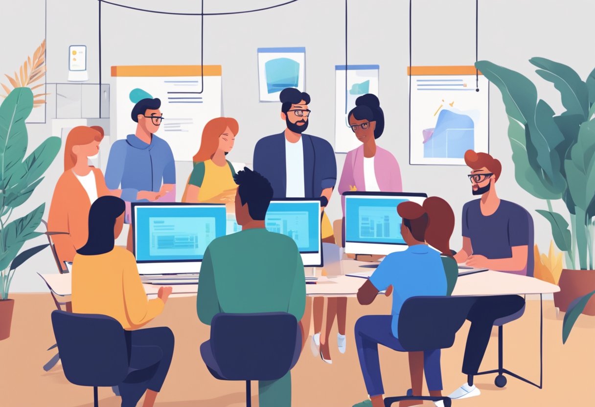 An office setting with a group of people gathered around a computer screen, discussing and brainstorming ideas for an animated FAQ video