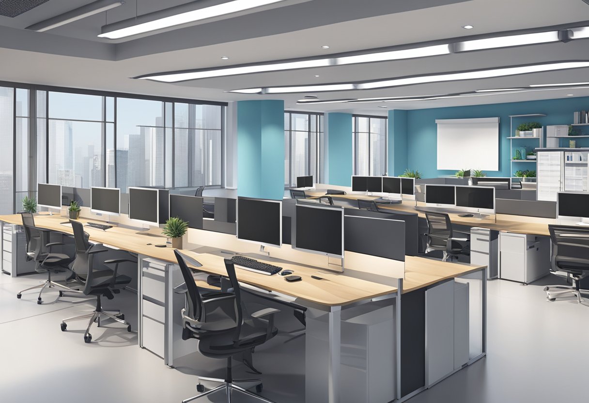 A modern office setting in Beijing with digital art and design elements incorporated into a corporate training animation