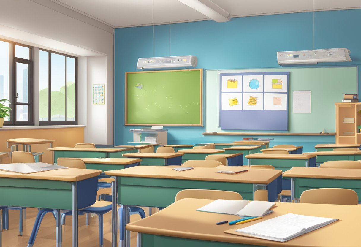 An animated classroom setting in Beijing, China, with modern technology and educational materials
