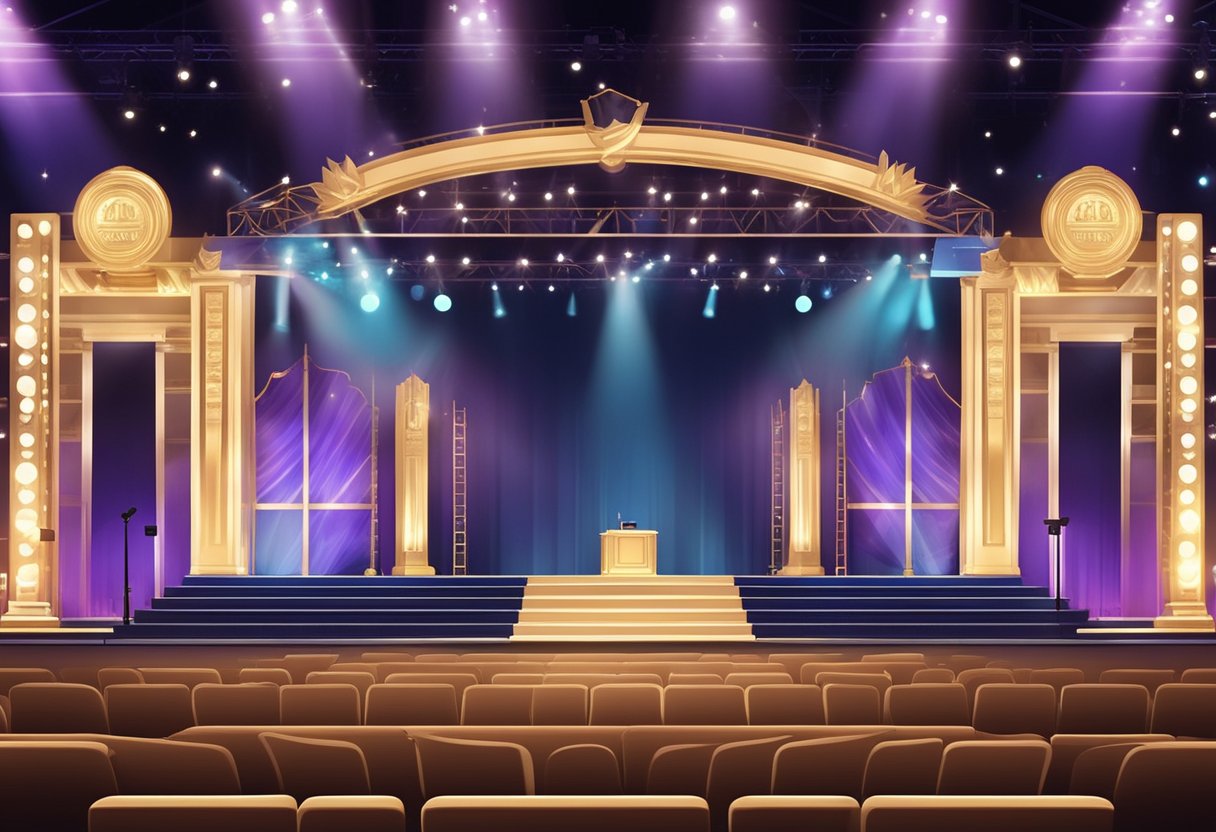A grand stage with spotlights, podium, and rows of empty seats, adorned with banners and screens displaying the Animation Industry Awards and Recognition logo