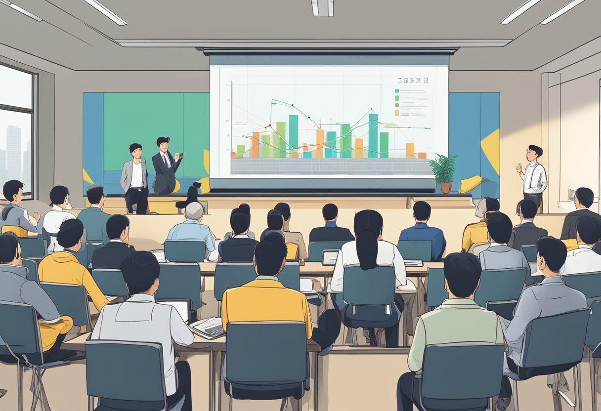 A group of professionals in a corporate training room in Beijing watch an animated film on a large screen, with engaged expressions and notebooks in hand