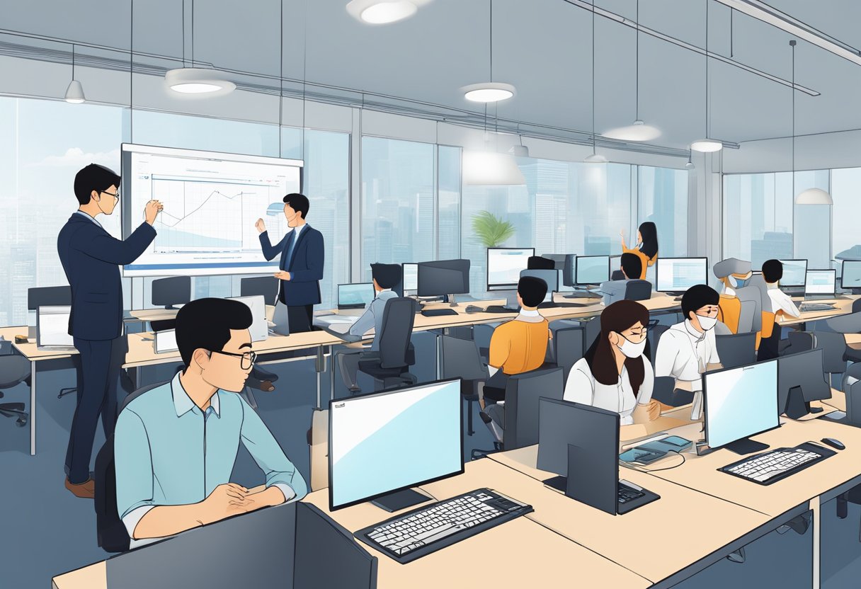 A group of professionals engage in interactive digital training using animation in a corporate setting in Beijing