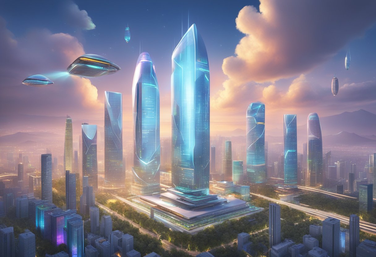 A futuristic cityscape with animated holographic training modules hovering over corporate buildings in Beijing