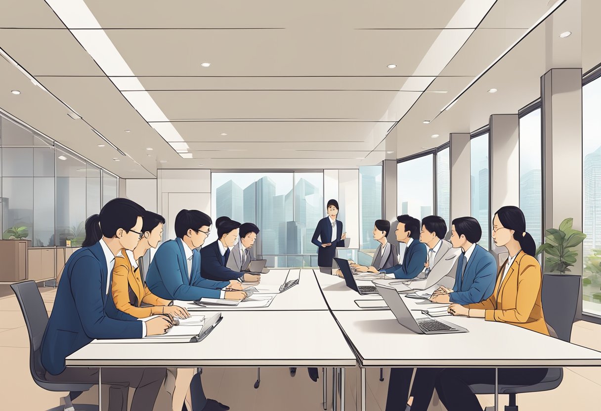 A group of business professionals engage in a corporate training session in a modern Beijing office setting