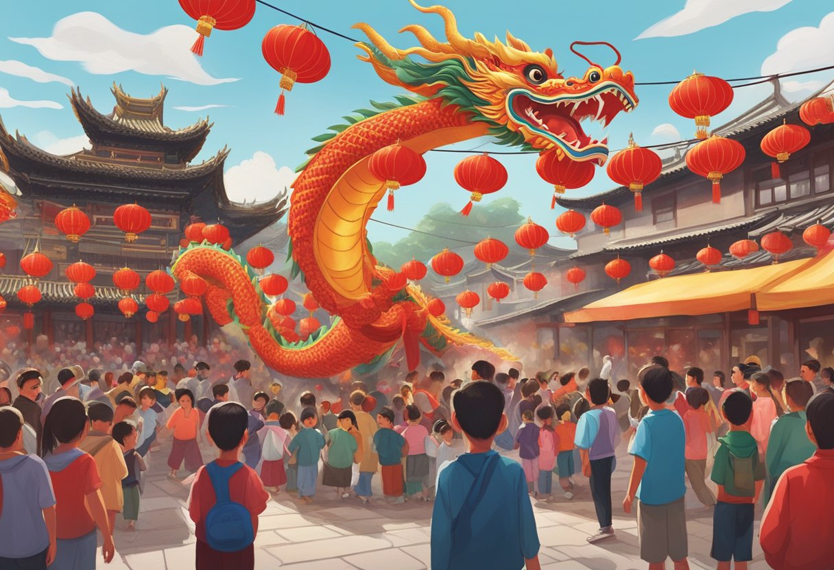 A traditional Chinese dragon dance performed in a bustling market square. Red lanterns hang overhead, and children watch in awe as the colorful dragon weaves through the crowd
