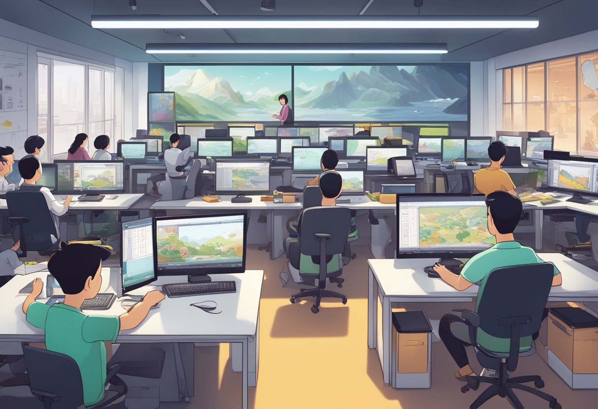 A bustling animation studio in China creating educational content, with artists working on storyboards and colorful characters coming to life on computer screens