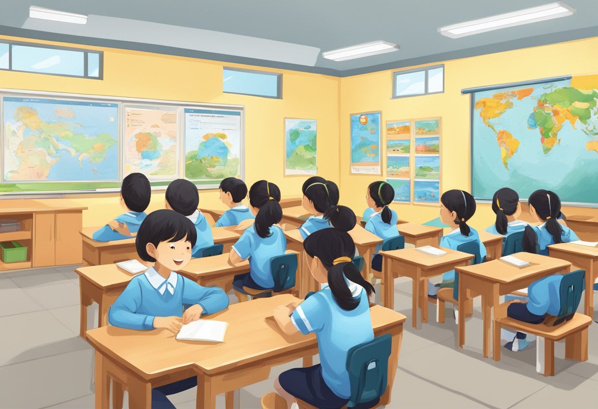 A classroom setting in China with students engaging with animated educational resources