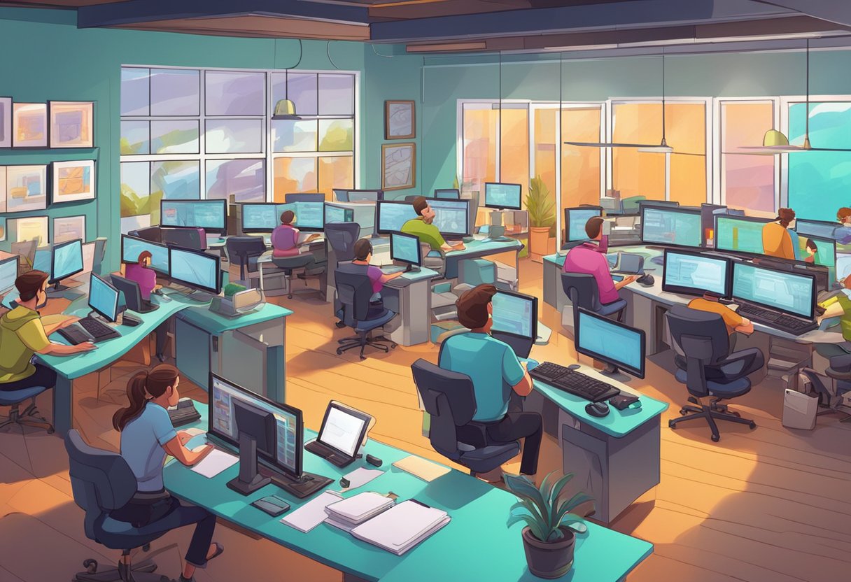 A bustling animation studio with computers, drawing tablets, and storyboards. Artists collaborate on colorful character designs and vibrant backgrounds