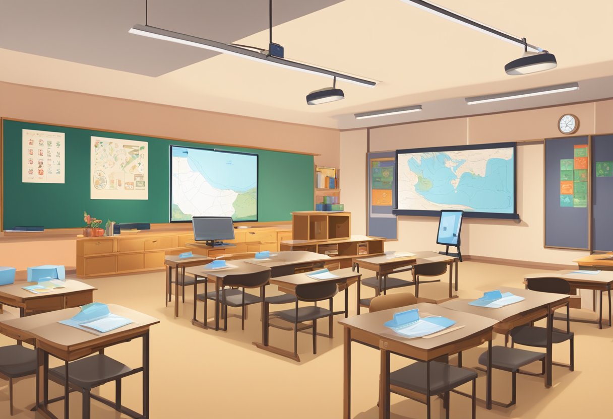 A classroom setting with animated educational resources displayed on screens, with Chinese cultural elements integrated into the design