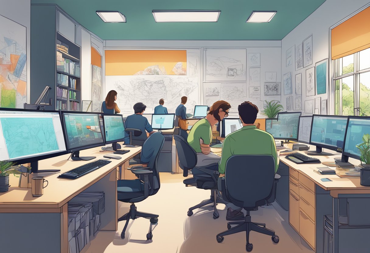 A bustling animation studio with artists at work, surrounded by colorful sketches, storyboards, and computer screens