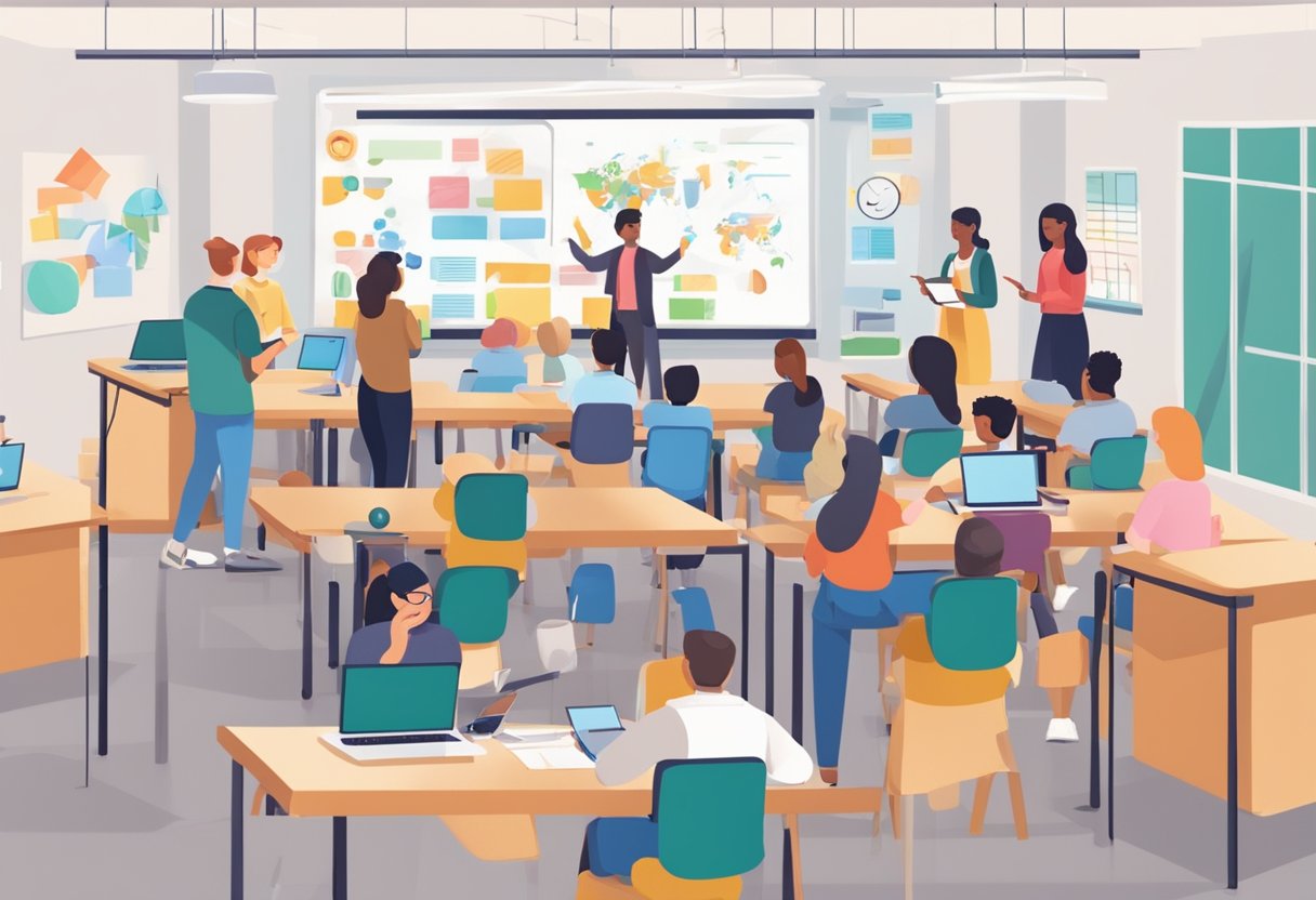 A classroom setting with students engaged in interactive activities, surrounded by technology and educational materials