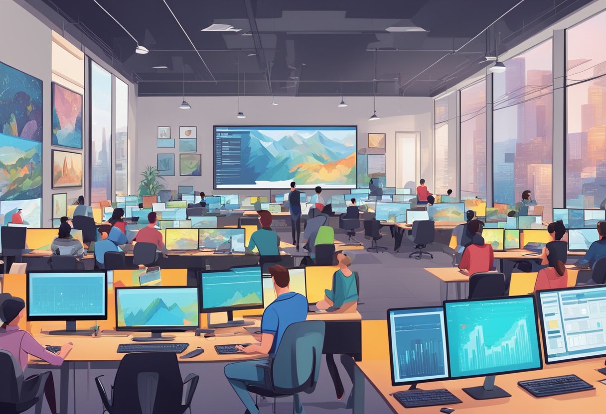 A bustling animation studio with artists at work, surrounded by colorful concept art and storyboards. Computer screens display industry statistics and charts