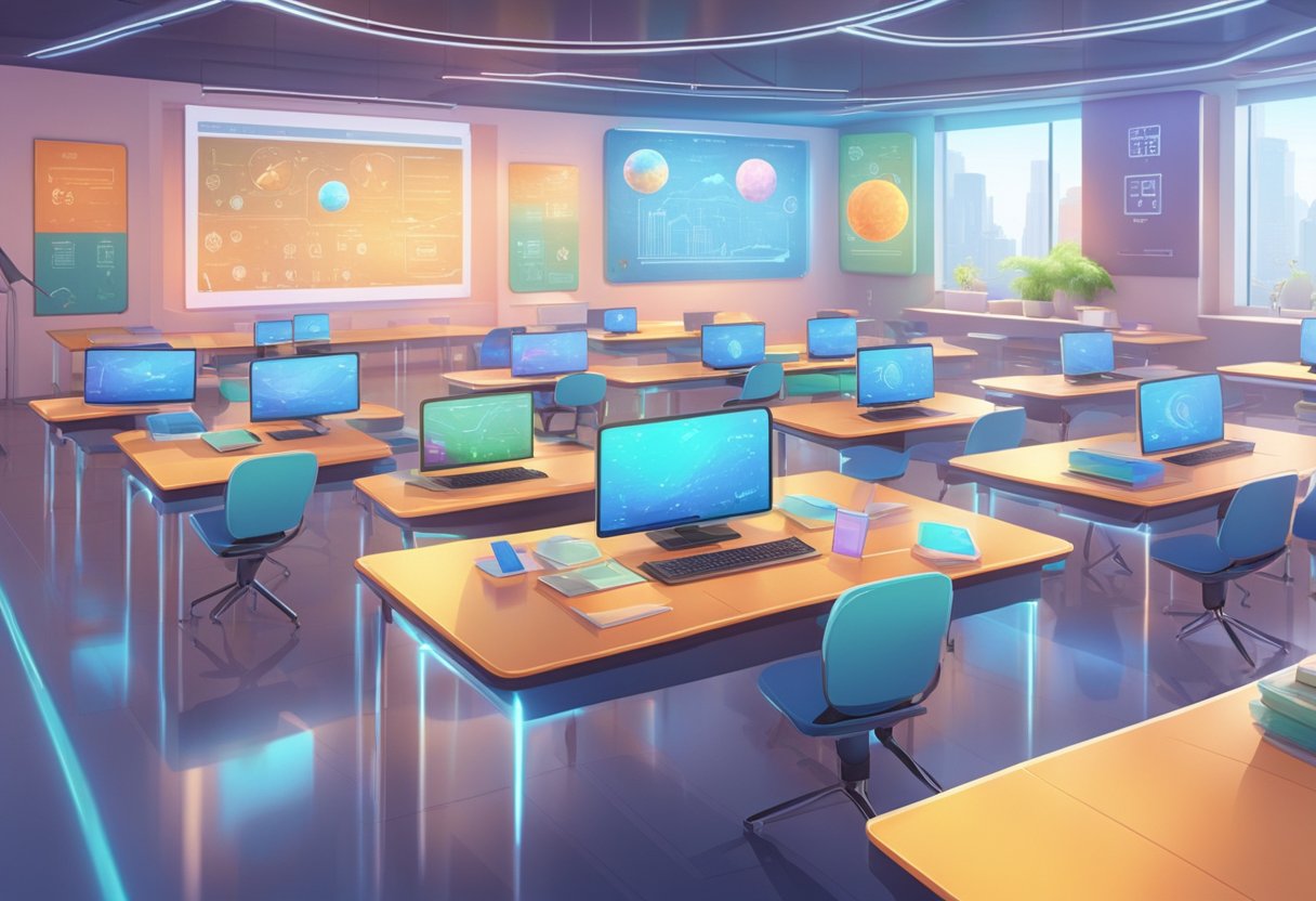 A futuristic classroom with holographic animated educational resources in China
